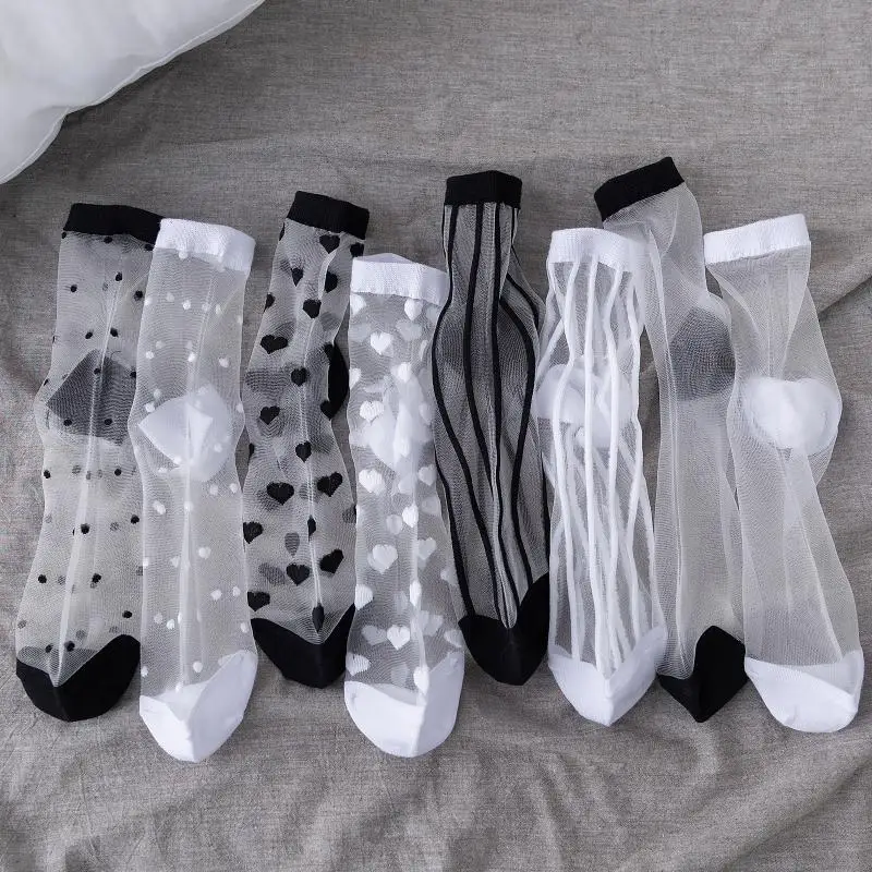 Women Casual Socks Thin Mid Stockings Star Moon Lace Mesh Fishnet Transparent 