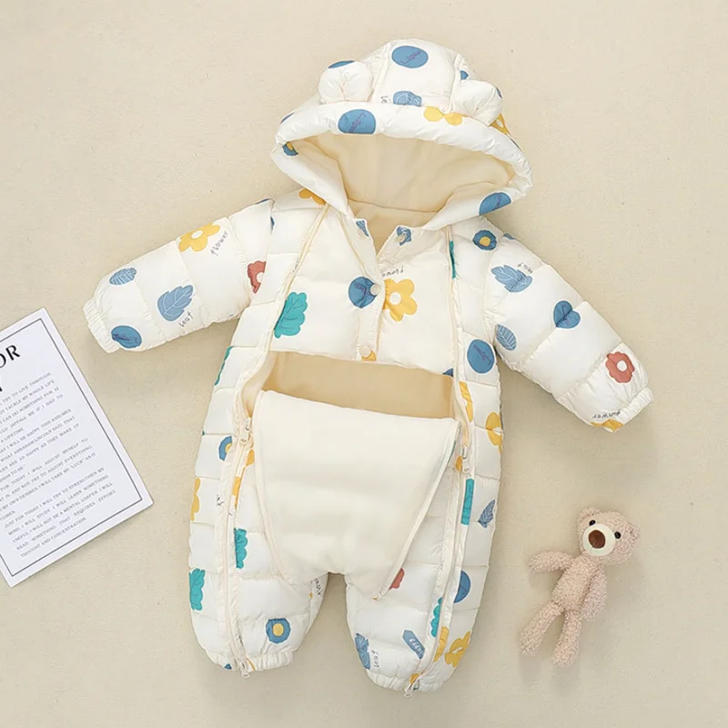 Newborn Baby Jumpsuit Hooded Plus Velvet Warm Winter Wear Baby Boys Snowsuit Toddler SnowSuit Girl Cotton Overalls Rompers New