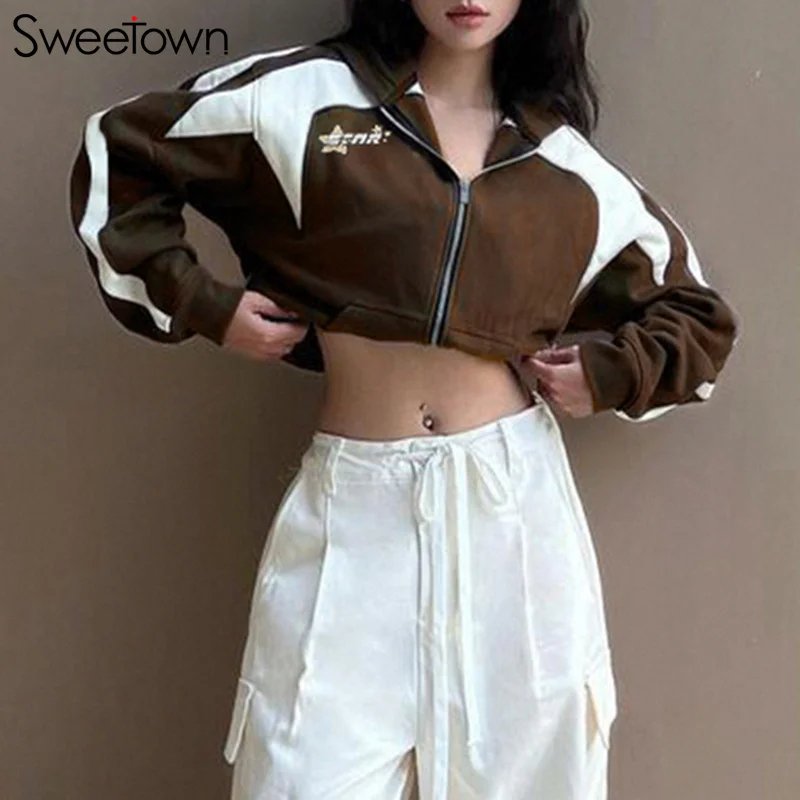 Sweetown Retro Star Print Hoodies Women Harajuku Hip Hop Contrast Jackets Patchwork Hooded Zip Up Loose Grunge Goth Sweatshirts