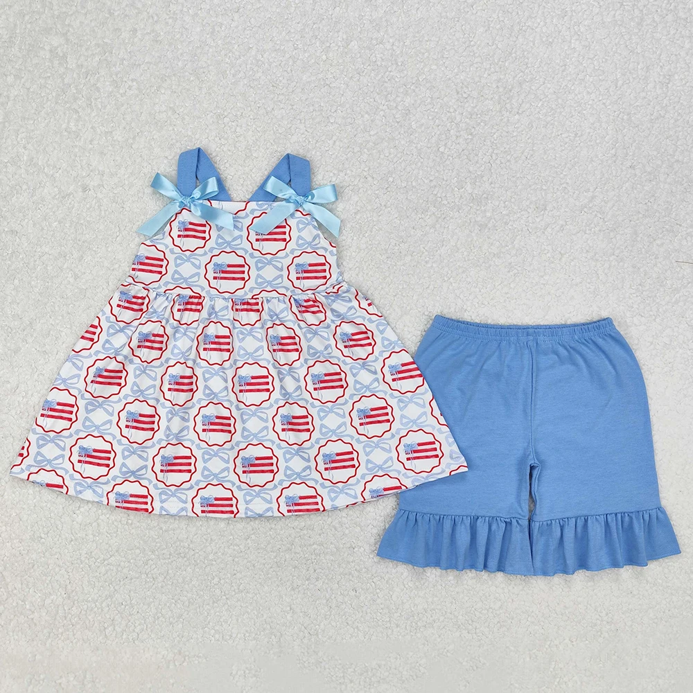 Hot Sale Baby Girls Dress Blue Bows Flag Knee Length Dresses July 4th Boutique Toddler Girls Dress Summer Kids Clothing