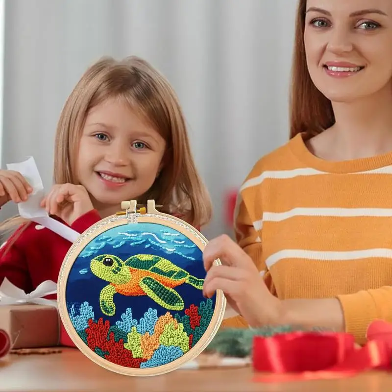 Punch Needle Embroidery Kit Turtle Pattern Punch Embroidery Kit Tool Set With Needle Instruction Fabric Hoop Yarn Crafting