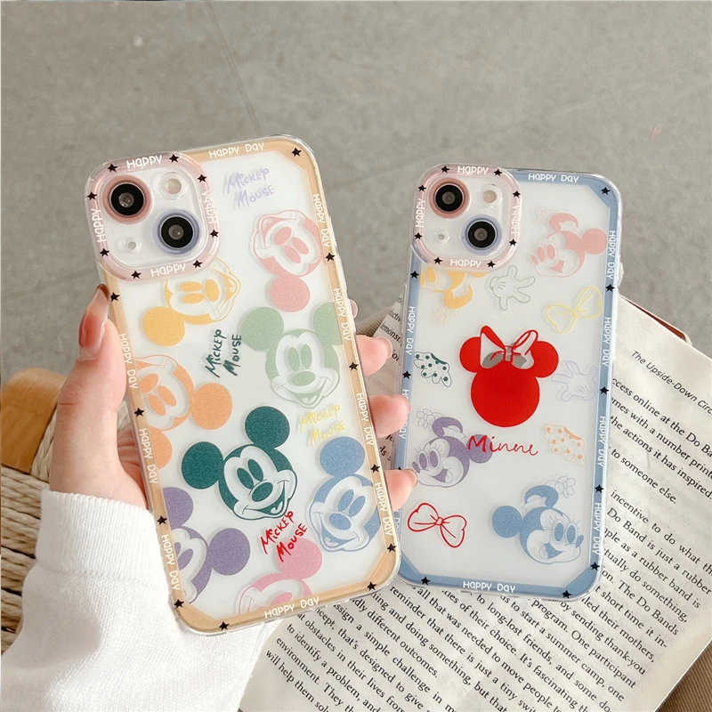 Cartoon Cute Mickey Minnie Transparent Case For Xiaomi Redmi Note 11 10 9 8 Pro Max 11S 9S Square Shockproof Soft Phone Cover