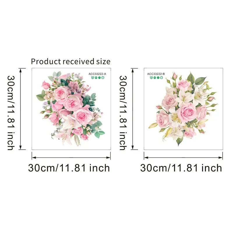 Natural Plants Pink Flower Leaf Toilet Stickers 2pcs for Home Bathroom Waterproof Self Adhesive Wall Background Stickers