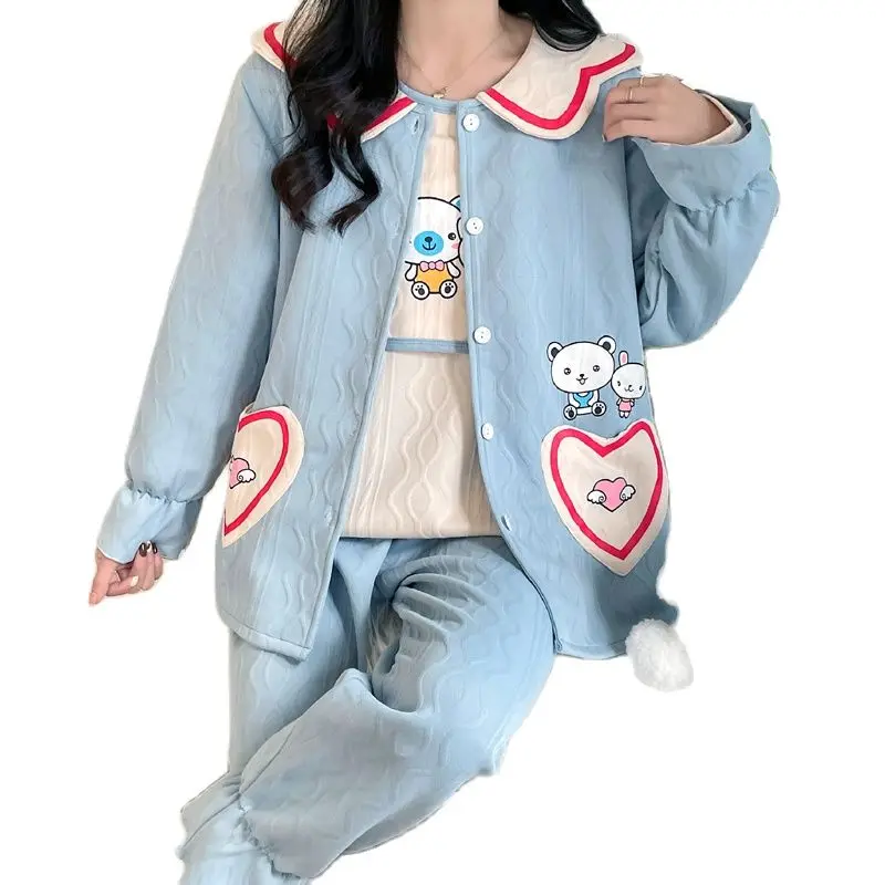 

Winter Maternity Sleepwear Sweet Long Sleeve Nursing Top+Coat+Pants Clothes Set Fashion Pregnancy Breastfeeding Pyjamas 3pcs/Set