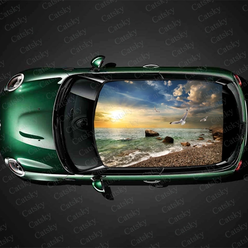 

Seaside Beach Sunrise Car Roof Sticker Auto Decoration Film Car Decal Hood Vinyl Sticker Graphic Wrap Car Body Accessories Gift