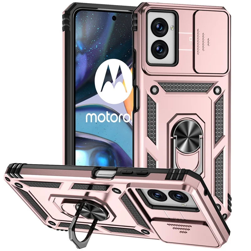 Shockproof Armor Phone Case with Magnetic Ring Holder and Slide Lens Protector