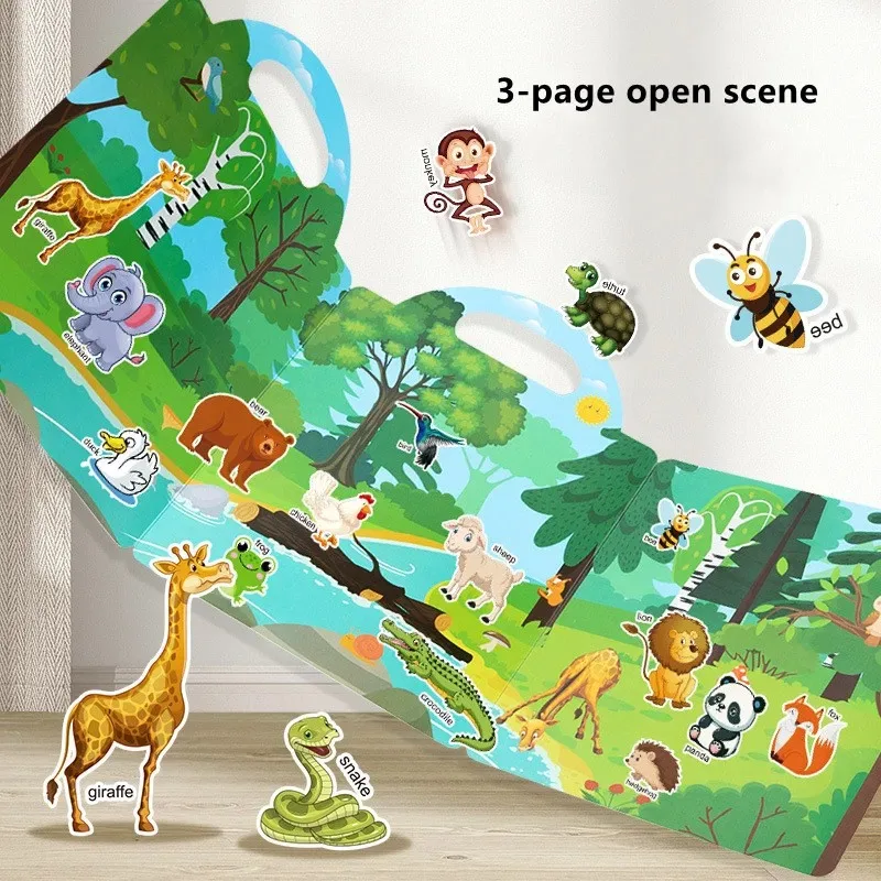 Reusable Cartoon Sticker Book for Kids Multiple Scenos DIY Puzzle Game Educational Learning Classic Toys for Child Age 2-4 Gifts 3