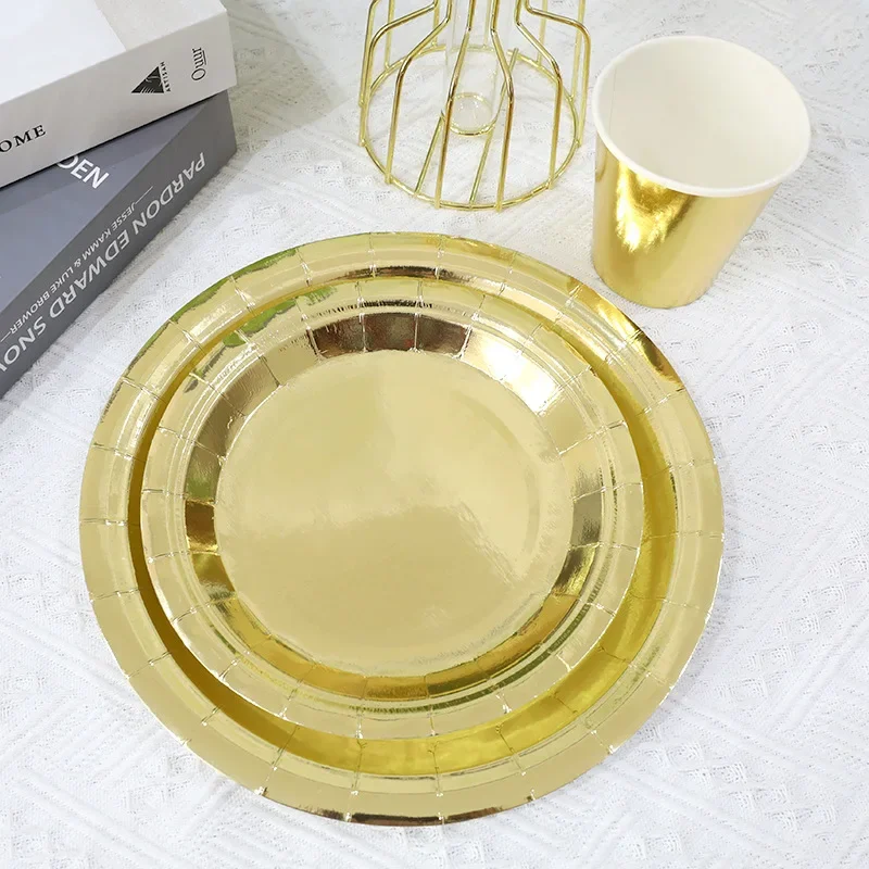 Disposable Tableware Set, Paper Plates and Cups, Monochromatic, Gold, Silver Wedding, Birthday Party Supplies, New Year, 10Pcs,