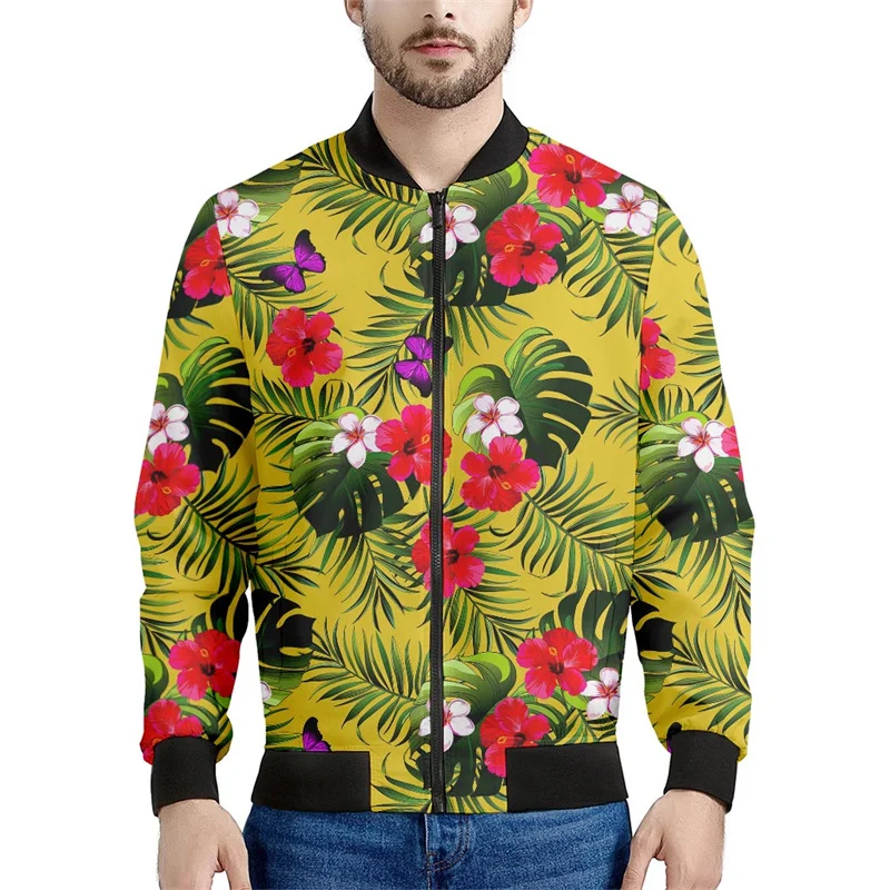thumbnail image 1 of Chaqueta con cremallera y estampado de flores hawaianas para hombre, sudadera con estampado de plantas tropicales en 3D, sudaderas estilo bomber, abrigos de manga larga de gran tamaño, 1 of 4