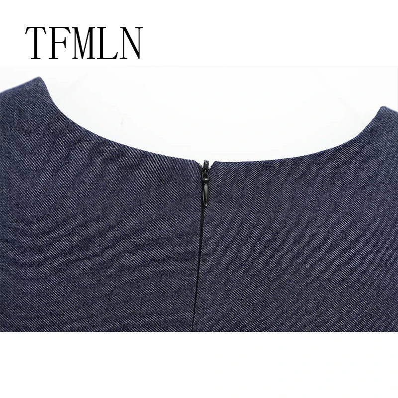 TFMLN New Women Denim Long Dresses Female Fashion Gold Decoration Dress O-Neck Sleeveless Midi Dress Woman