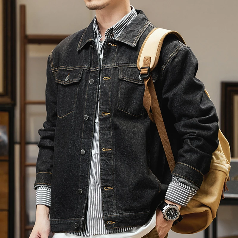 Denim Jacket Mens Spring And Autumn Fashion Leisure Solid Color Buckle  Lapel Denim Jcket Coat Top Blouse