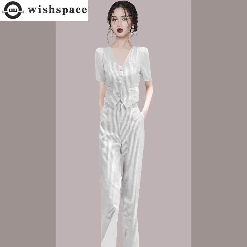 Stripe Patchwork Short Sleeve Chiffon Shirt Blazer Casual Wide Leg Trousers Two-piece Elegant Women's Pants Suit Office Outfits