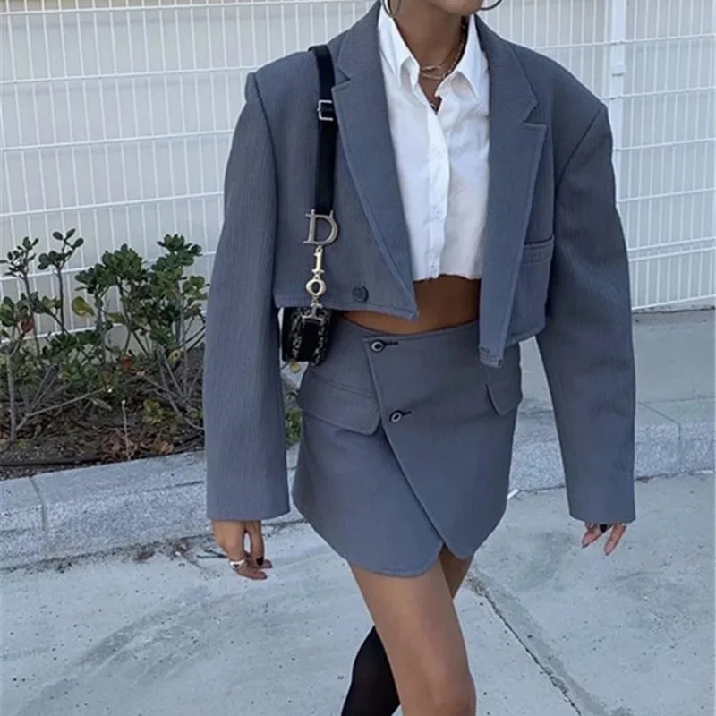 

Summer Fashion Two Piece Set Cropped Blazer Mini Skirts Women Solid Colors Short Blazer Suit Y2k Sweet Skirt Suits Fake Pocket