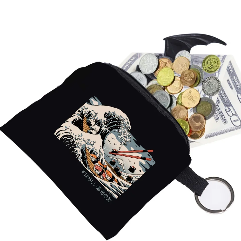 Purse Unisex Coin Bag Earplugs Key Storage Bag Small Object Ring Buckle Zipper Black Canvas Wave Print Pattern Series