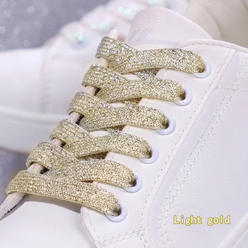 Vibrant Metallic Glitter Flat Shoelaces - Silver, White, and Gold for Sports and Running Shoes