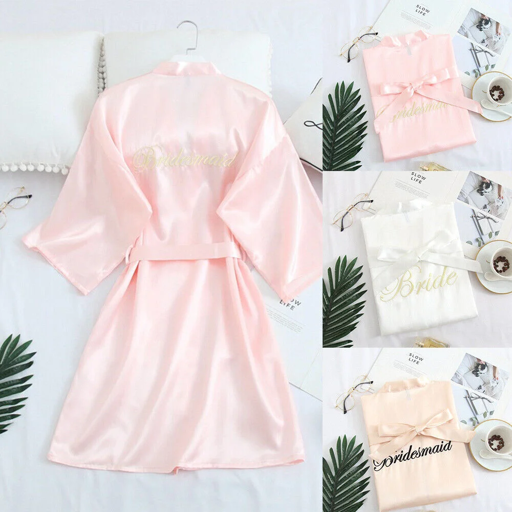

Wedding Bride Bridesmaid Robes Women Sexy Satin Silk Hen Bachelor Party Gift Bridal Team Lace Bathrobe Kimono Lingerie Pajamas
