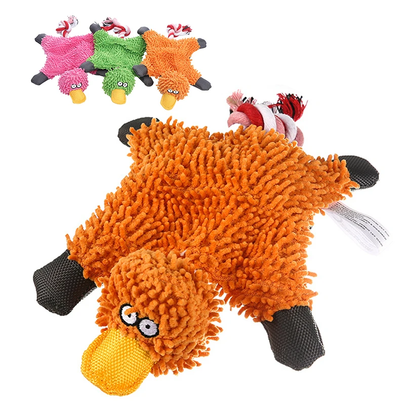 

Pet Chew Squeaky Toy Cute Plush Mop Duck with Rope Puppy Teeth Clean Biting Toy Dogs Molar Interactive Training Making Sound Toy