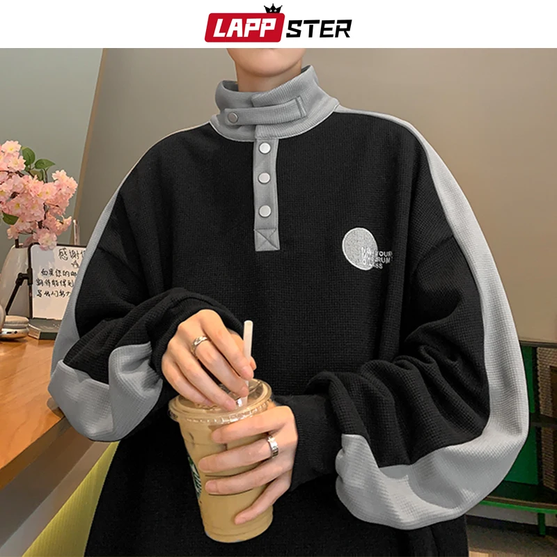 

LAPPSTER Y2k Patchwork Graphic Sweatshirts Pullovers Korean Fashion Hoodie Streetwear Button Black Casual Designer Sweatshirts