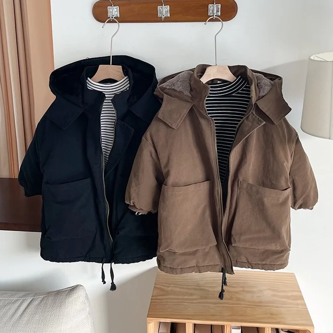

Пуховик детский зимний с капюшоном для мальчиков и девочек 4-12 лет, хлопковая куртка средней длины с плюшевым утеплителем
