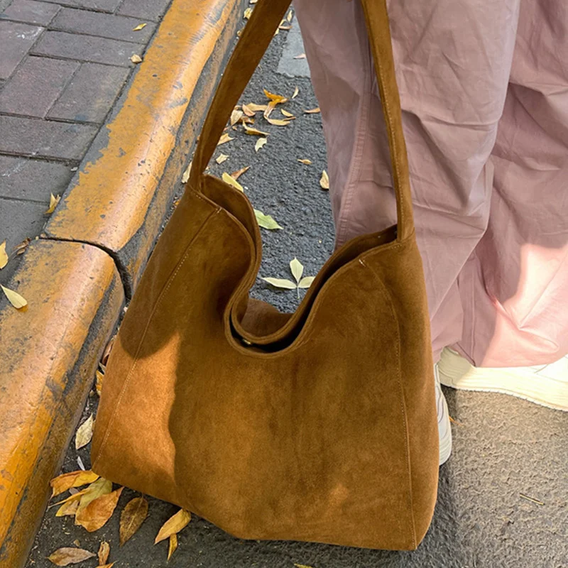 Suede Tote Bag for Women Autum Winter Frosted Casual Large Capacity Commuting Shoulder Bags Solid Color Versatile Handbags