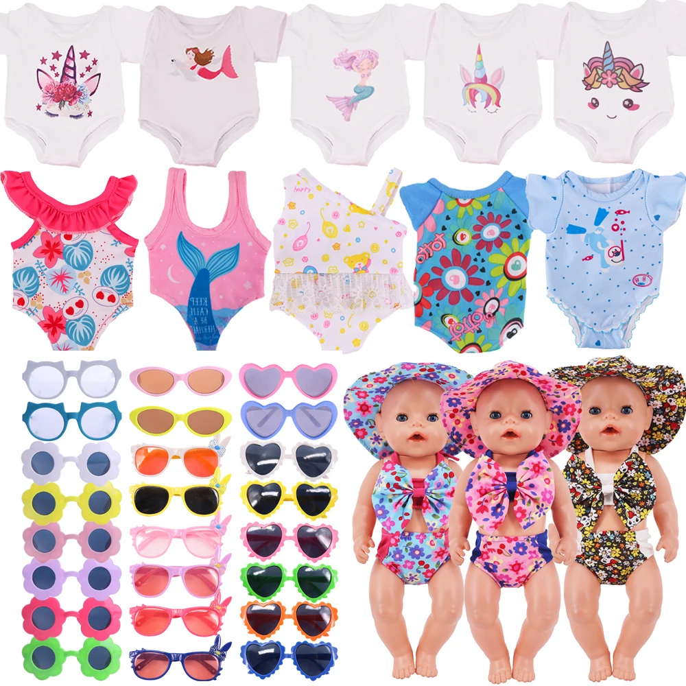 2Pcs/Set=Flamingo Swimsuit +Bunny Ear Sunglasses  For 18 Inch Girl Doll Gift 43 Cm Born Baby Doll Clothes Accessories Items Toys 2pcs cotton newborn sleepsack baby swaddle blanket wrap hat set infant adjustable new born sleeping bag muslin blankets 0 6m