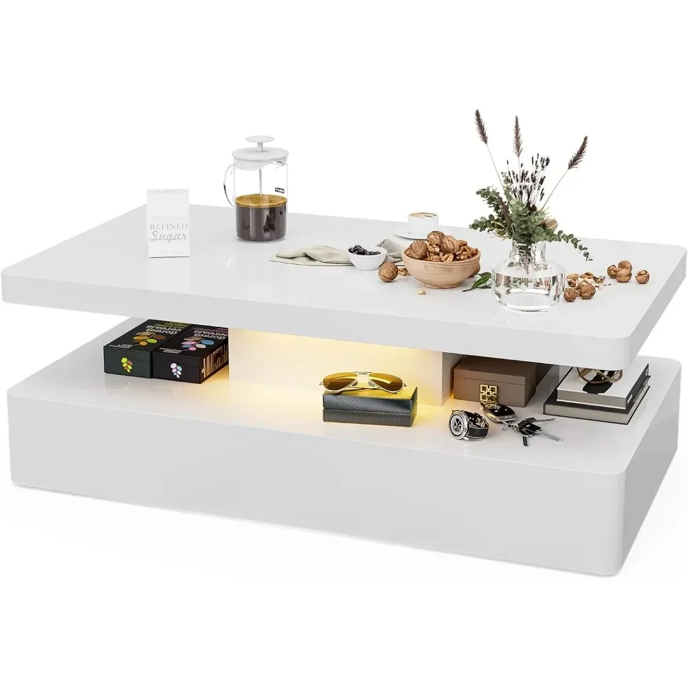 LED High Glossy Coffee Table, Modern Coffee Table, 2 Tiers Rectangle Design Coffee Table with 16 Colors LED Lights 4