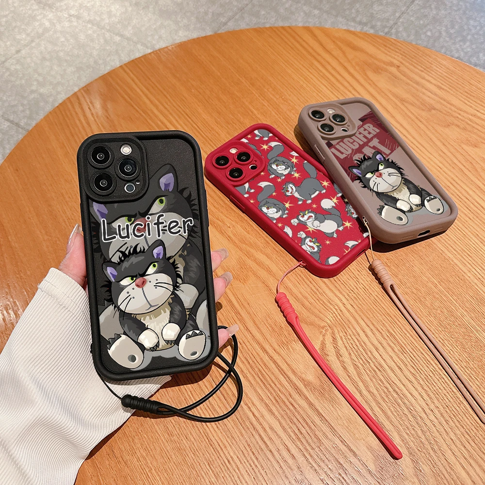 디즈니 귀여운 루시퍼 고양이 전화 케이스, OPPO Reno 2 3 4 5 6 7 7Z 8 8T 10 11 Pro Plus 4G 5G 소프트 TPU 백 커버, 핸드 스트랩 포함