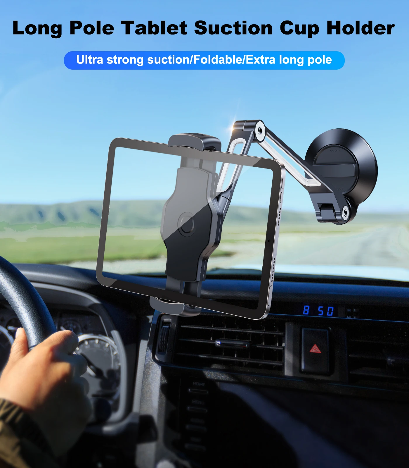 Eary Long Extension Arm Car Tablet Holder Phone Stand Strongest Suction Cup With 360°Rotate Universal for iPad 4.7-12.9" Inches