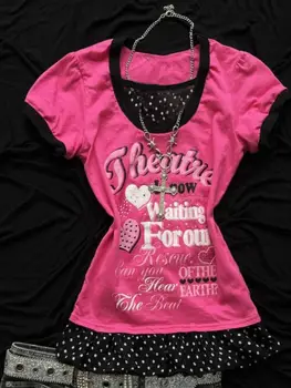 American Retro Sweet Spicy Girl ort Sve Letter Print Slim Fit Millennium Harajuku Y2K Polka Dot T-irt Top 1