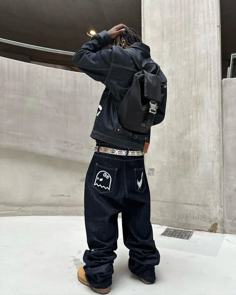 Mens Hip Hop Retro Stardog Embroidery Jeans Y2K Baggy Black Denim