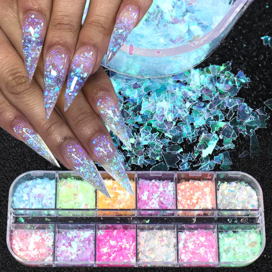 12 or 6 Grids 3D Flakes Fluorescent Nail Sequins Sparkly Paillette Nail Chunky Glitter Decorations Chameleon Accessory LASP nail glitter,nail decoration,nail decorations,nail flakes