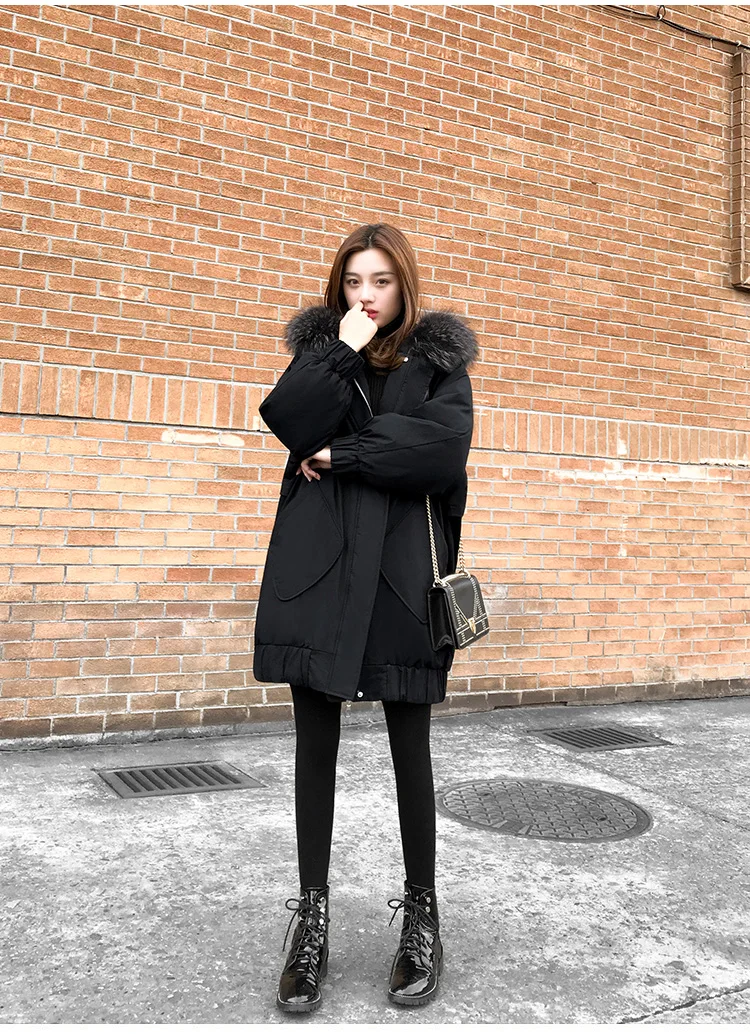 

Women's Down Jacket 2022 Autumn Winter New Loose Hooded Casual Overcome Solid Color Temperament Thicker Warm Lady Cotton Outwear