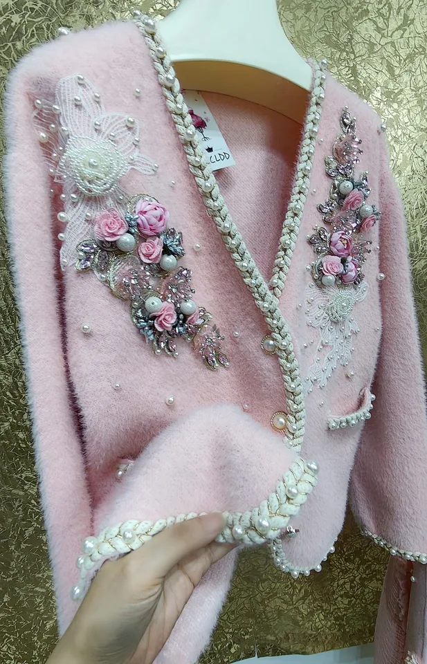 Luxury Style Flower Beaded Stitch Knitwear Faux Fur Cardigan Coat