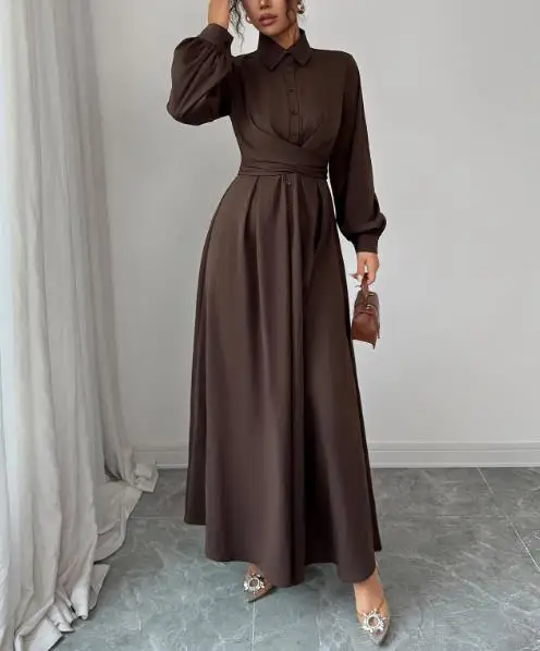 Abito a maniche lunghe abbottonato semplice e alla moda per abbigliamento da donna Autunno e inverno Nuovi abiti maxi eleganti a vita alta femminili 4