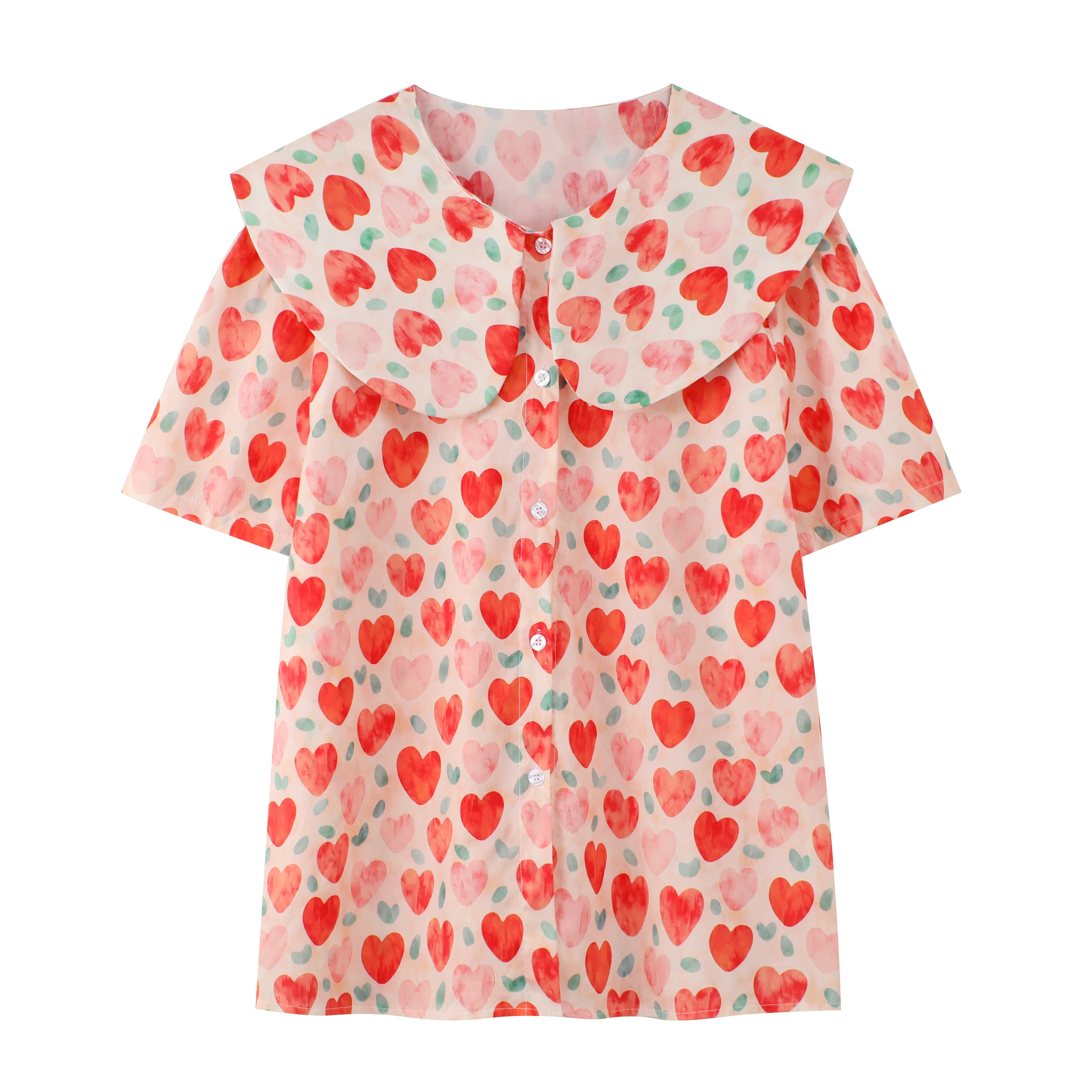 

Summer Cotton Feminine Sweet Lovely Doll Collar Shirts Vintage Red Heart Printing Loose Versatile Comfortable Prairie Chic Tops