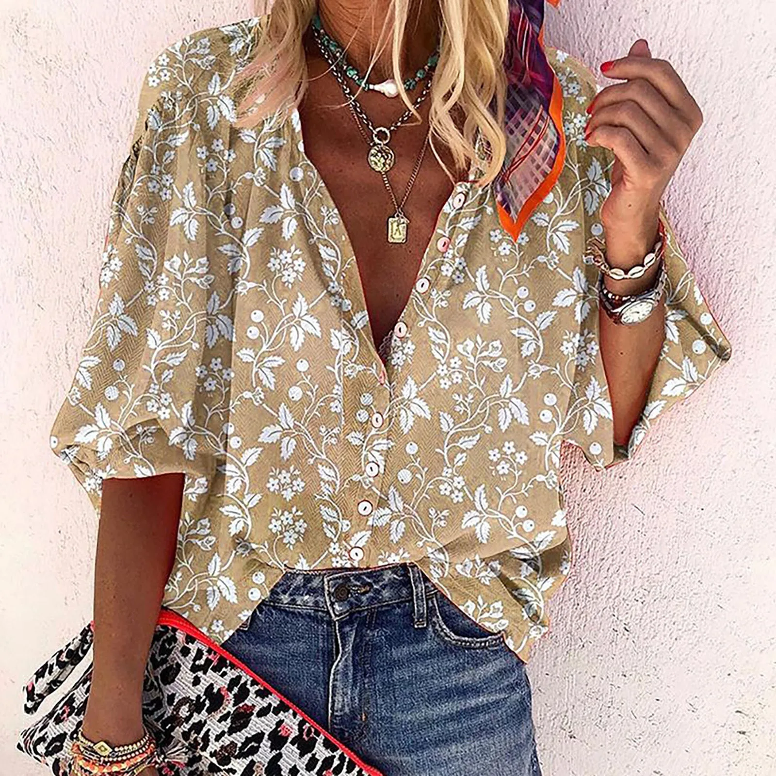 

Spring Summer Tops Women Buttoned Up Shirt Office Ladies Floral Print Blouses Casual V Neck Loose Shirts Blusas Femininas 2023
