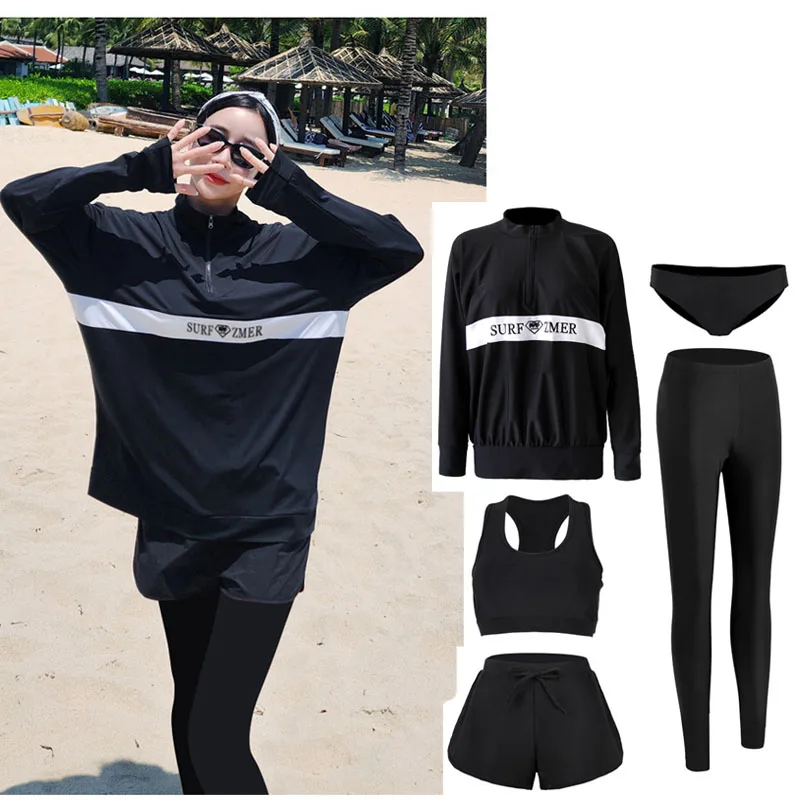 Women&rsquo;s Long Sleeve Rash Guards Loose Fit Swim Shirt UV Sun Protection Swimsuit Top & Bottom Thin Wetsuit Sunsuit 5pcs/set rash guard surfing swimsuit