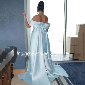 Indigo Prom Dresses Mermaid Long Sleeve Off The Shoulder Ankle-Length Beading Satin Elegant Evening Gowns For Women