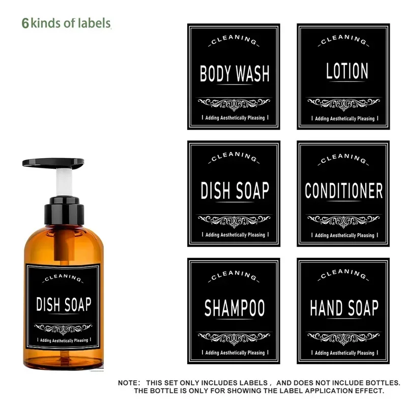 Shower Bottle Sticker Waterproof 6PCS Soap Dispenser Label Black Lotion Label Shampoo Conditioner Body Wash Bathroom Accessories bathroom labels sticker set