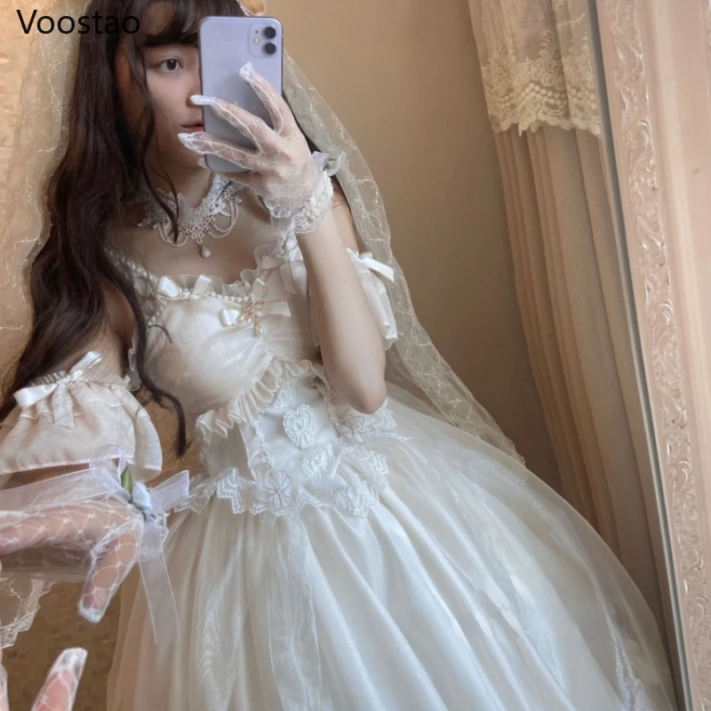 Sweet Lolita Princess Jsk Dress Women Elegant Mesh Lace Pearl Bow Party Wedding Dresses Girly Kawaii Sleeveless Trailing Dress