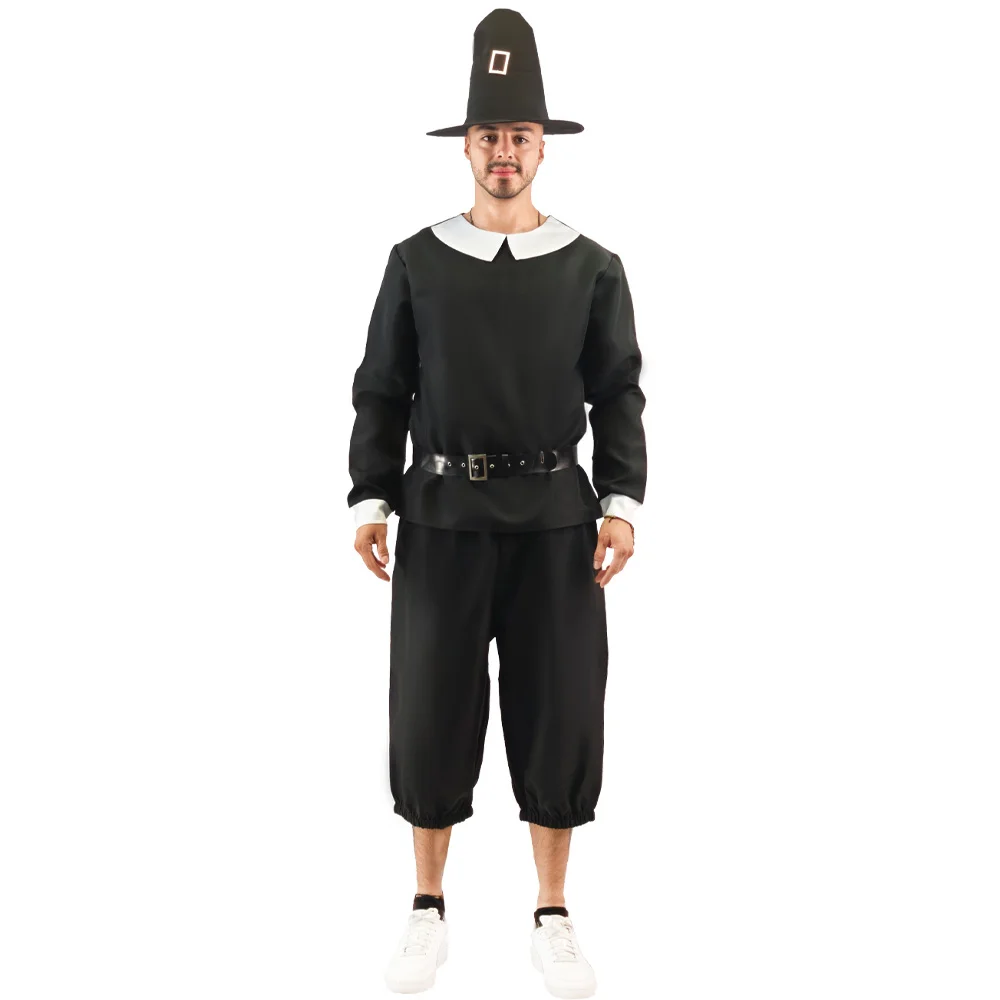 Mens Pilgrim Halloween Costume Adult Thanksgiving Day Puritan Outfits Magicians Cosplay for Party Carnival Easter Purim