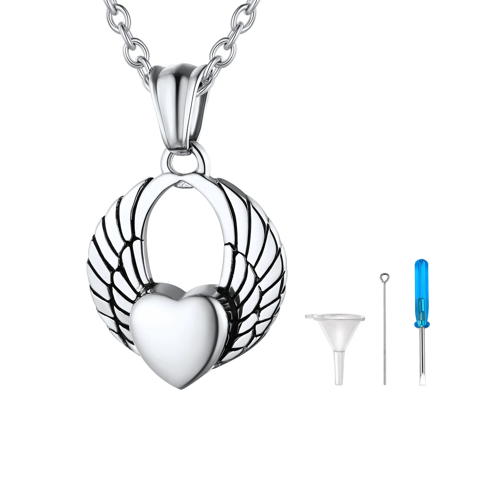 

U7 Stainless Steel Urn Necklace for Ashes of Love Ones Angel Wing Heart Pendant Keepsakes Custom Pet Memorial Cremation Jewelry