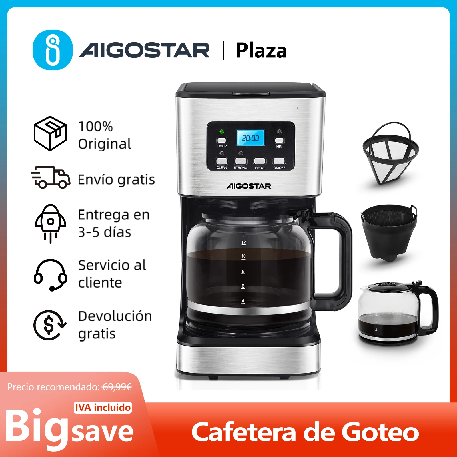 Cafetera de Goteo Eléctrica, con Filtro Reutilizable, Pantalla LCD, Programable 24 H, Auto Limpieza, Capacidad 12 Tazas, 950W