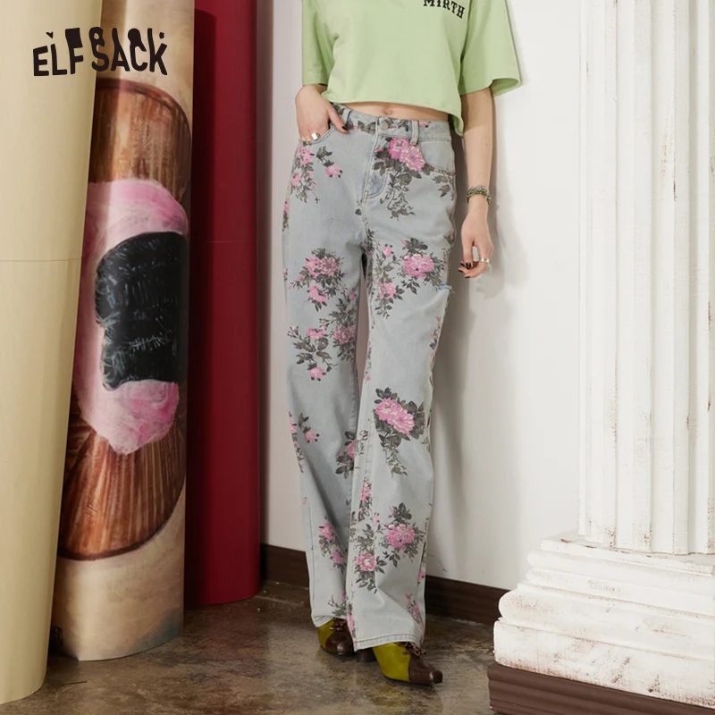 ELFSACK Vintage Full Printing Wide Leg Jeans Women 2023 Spring Loose High Waist Daily Trousers