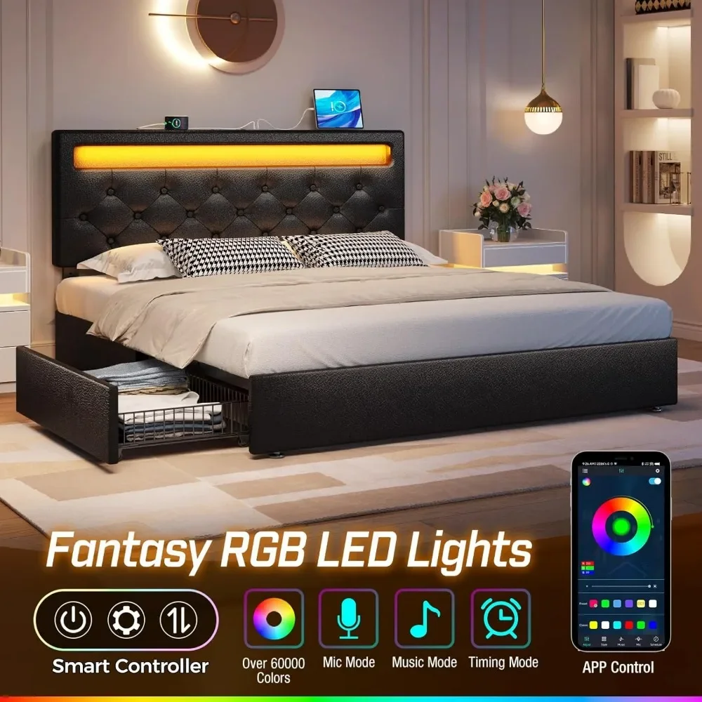 NEW-Rolanstar Full Size Bed Frame with LED Lights and USB Ports, Upholstered PU Leather Bed with Adjustable Headboard and 4 Stor