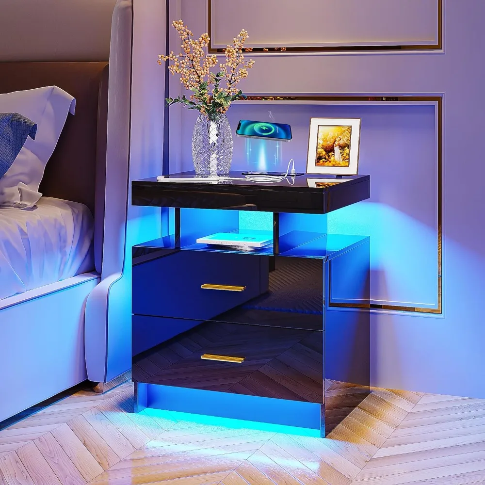 Nightstand with Wireless Charging Station & USB Ports Floating Nightstand with 3 Color and Adjustable Embedded LED Light Strip