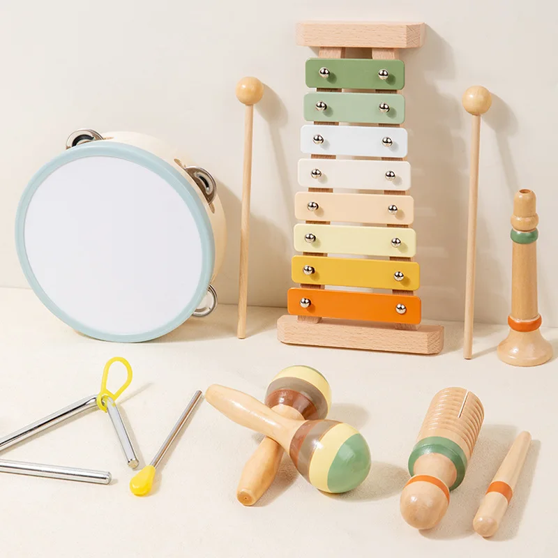Baby Musical Instruments Wooden Toys Montessori Percussion Instruments Drut Set with Xylophone Preschool Educational Kids Gifts 6