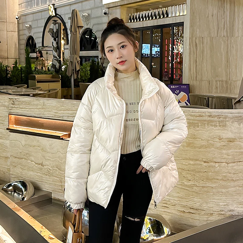 Down Cotton Jacket Women Solid Colors Stand Collar Casual Parkas Loose Zipper Long Sleeve Glossy Coat Windproof Warm Overcoat