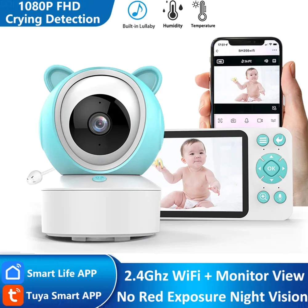 5-Inch Monitor Tuya Smart WiFi Baby Phone Cry Sound Detection Audio Video Baby Monitor PTZ Infrared Camera 1080P APP Remote View