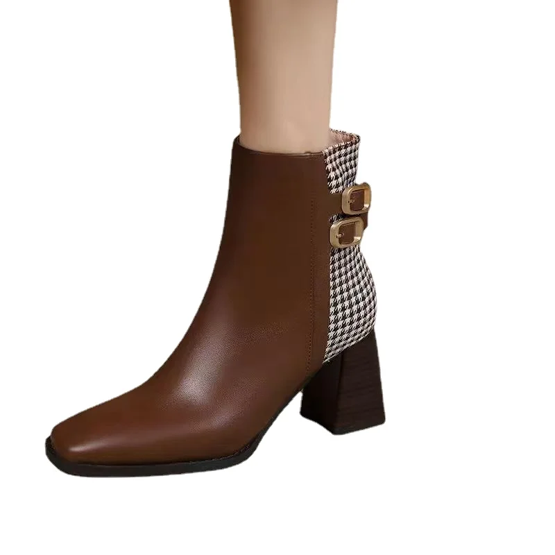 Winter Plush High Heels 2023 High Quality Women's Boots Fashion Square Toe Ladies Ankle Boots Elegant Dress Office Shoes Female